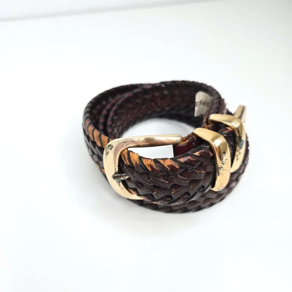 Fossil Vintage Brown Braided Leather Belt Gold Buckle